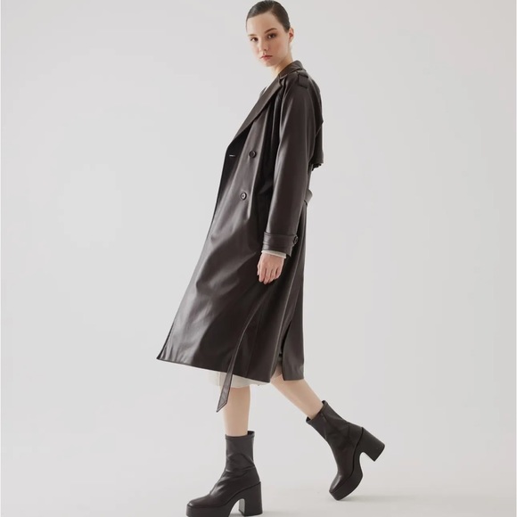 63 Fabulous Brown Detailed Vegan Leather Trench Coat - Picture 3 of 5